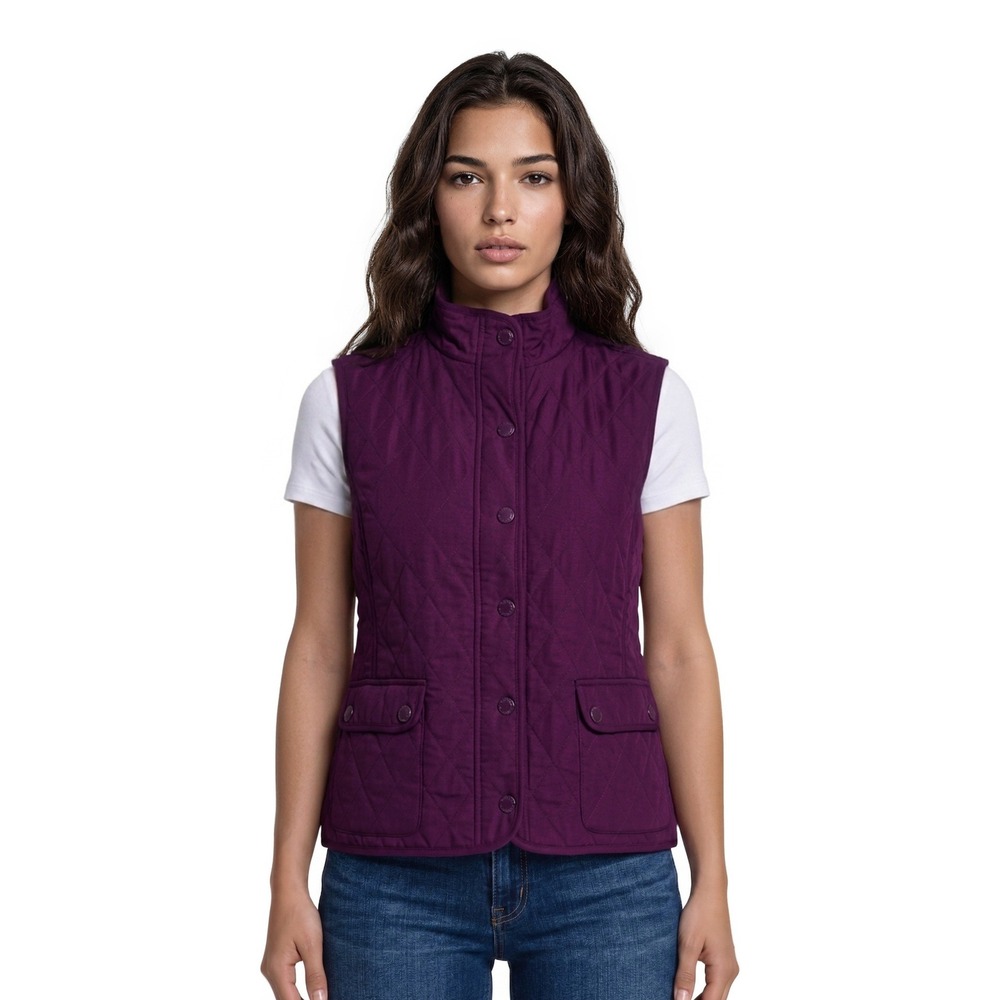 Talbots Quilted Vest Women's Size Large Purple Mock‎ Neck Button Front Flap